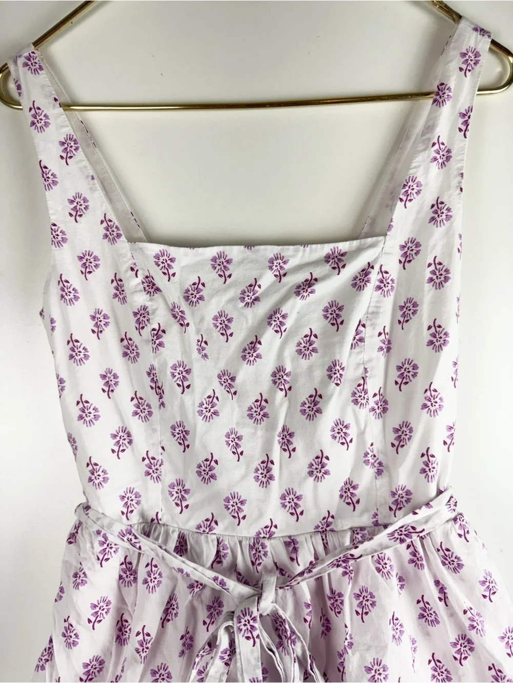 J.Crew Boho White Purple Floral Cotton Tiered Ruffle Mini Dress Tie Waist